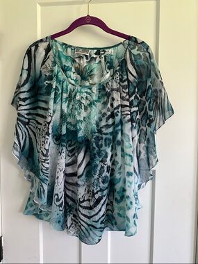 JM Collection Teal and Black Animal-Print Sheer Flutter Tunic